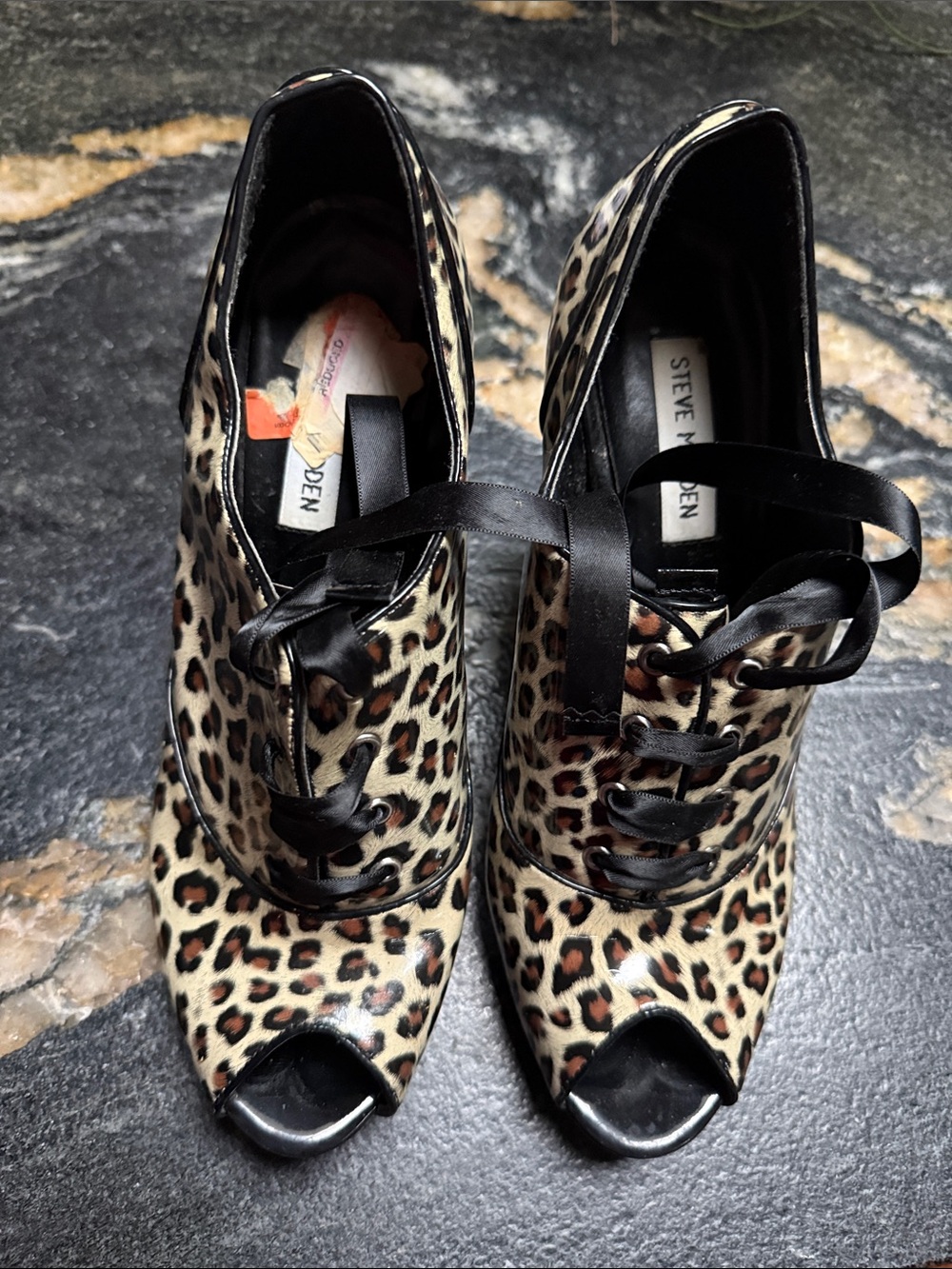 Steve Madden Leopard Print Peep-Toe Lace-Up Heels - Brown/Black.  Like new.